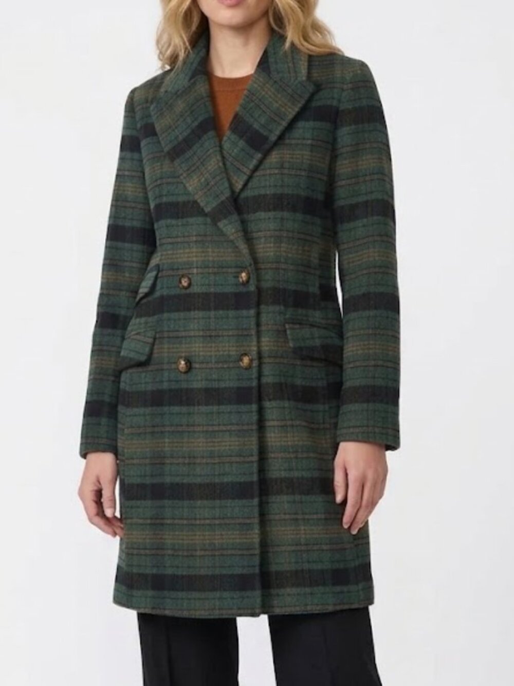 Bernardo Plaid Double Breasted Coat in Green Plain NWT